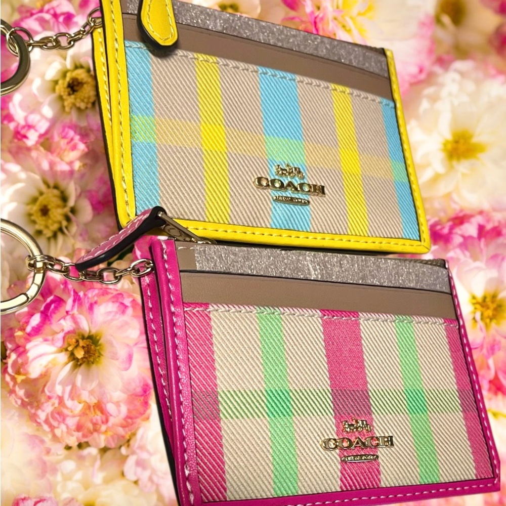 Coach NWT Leather &Canvas CHOOSE PINK orYELLOW Slim Plaid Card Holder/keychain - Picture 14 of 14